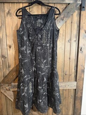 Black Floral Embellished Boho Sleeveless Dress Linen Blend